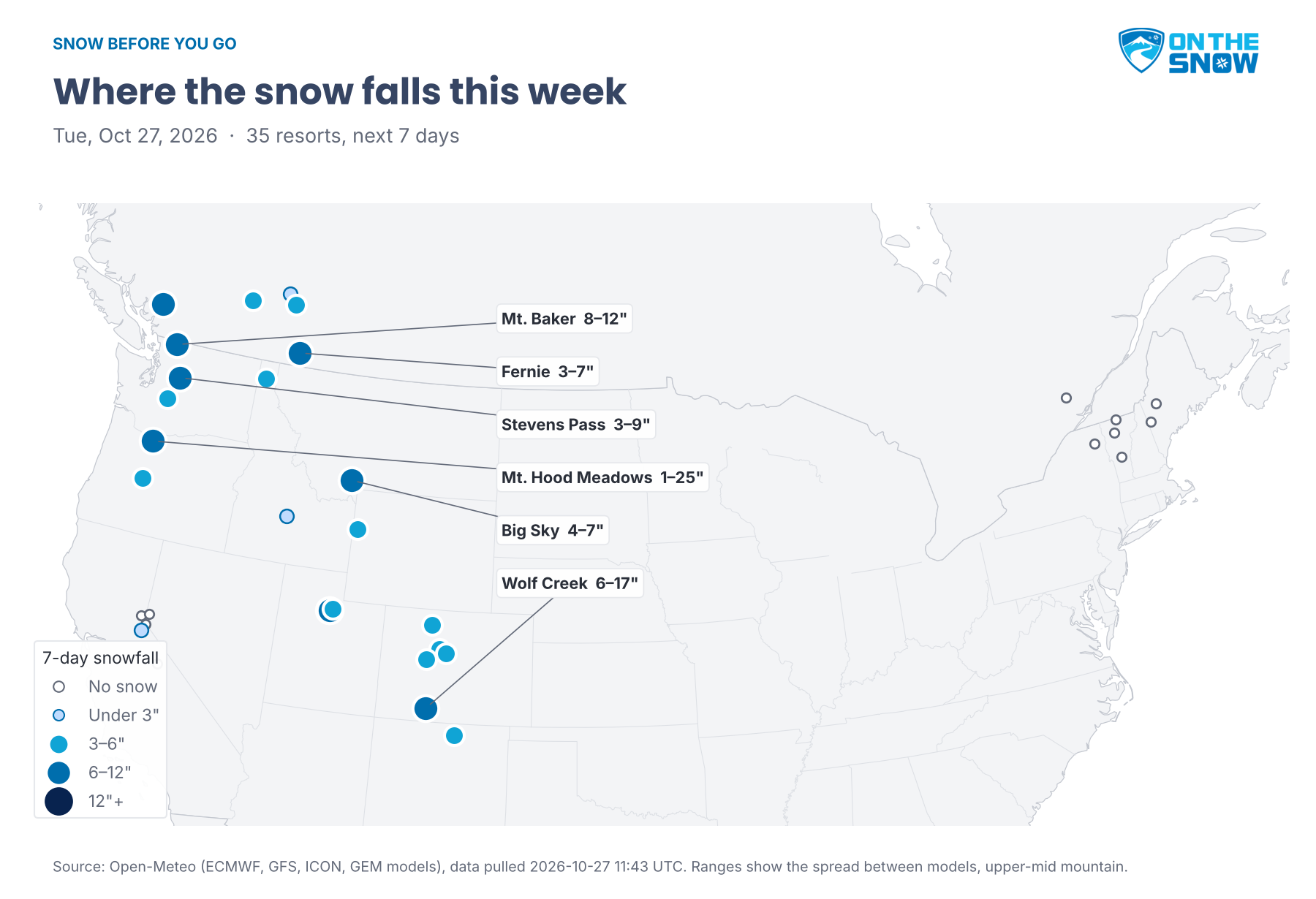 Map of North American ski resorts sized by forecast snowfall over the next seven days